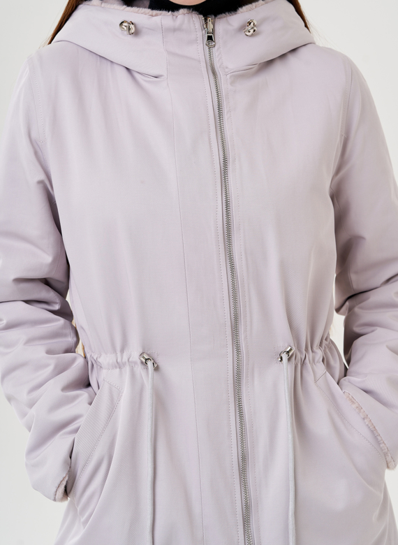 Двухстороннее пальто из эко меха с капюшоном