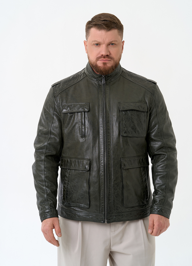 Мужская куртка из натуральной кожи модель № 32547 меха малина