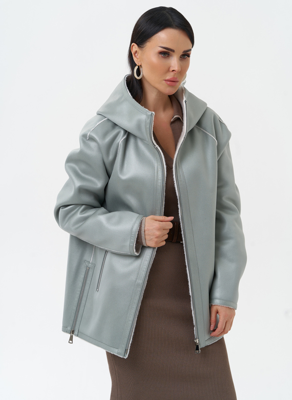 Женская дубленка из эко замши с капюшоном