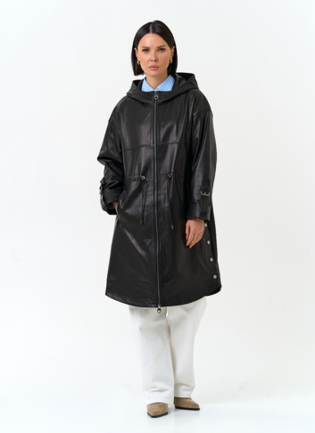Женский плащ из натуральной кожи с капюшоном