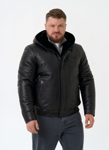 Мужской пуховик из натуральной кожи с капюшоном