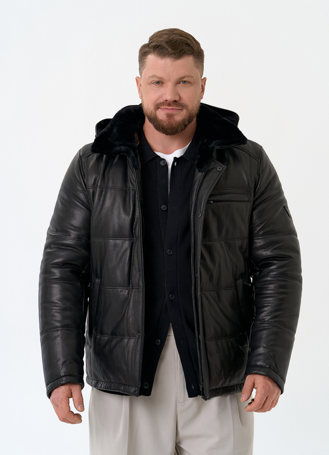 Мужской пуховик из натуральной кожи с капюшоном модель № 32048 меха малина
