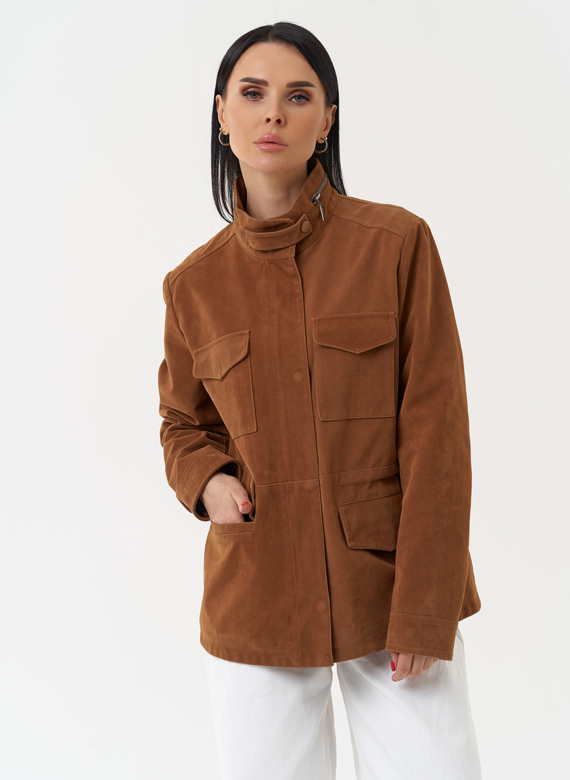 Женская парка из эко замши коричневого цвета 