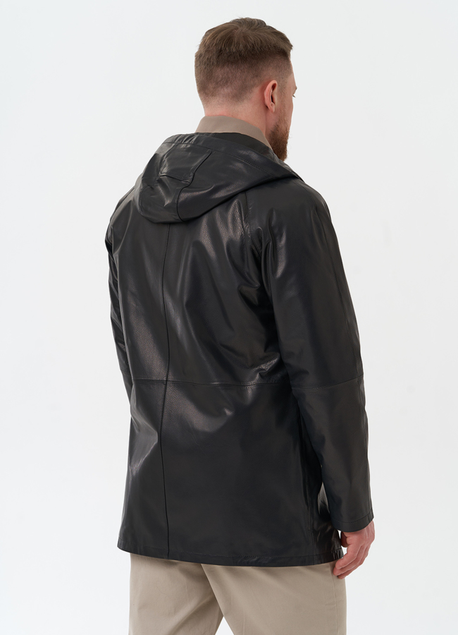 Мужская парка из натуральной кожи с капюшоном модель № 30071 в кредит