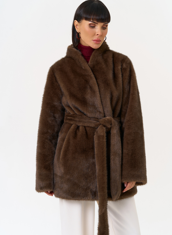 Женская шуба из эко меха с поясом