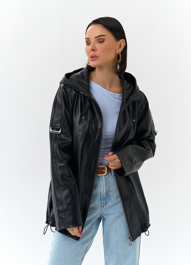 Женская куртка из натуральной кожи с капюшоном модель № 32875 универмаг малина