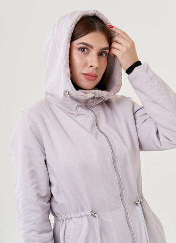 Двухстороннее пальто из эко меха с капюшоном