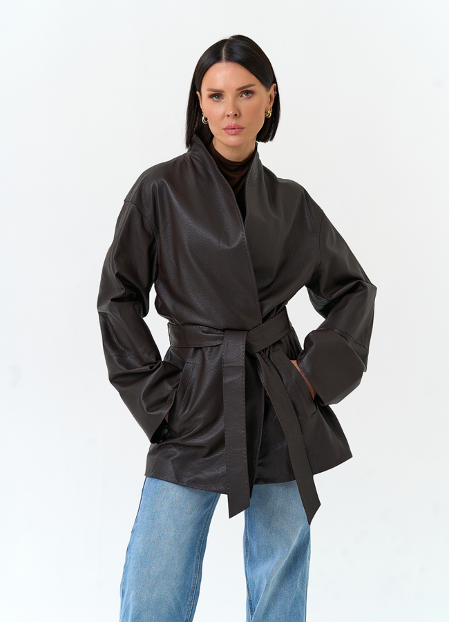 Женский жакет кимоно из натуральной кожи модель № 33116 меха малина