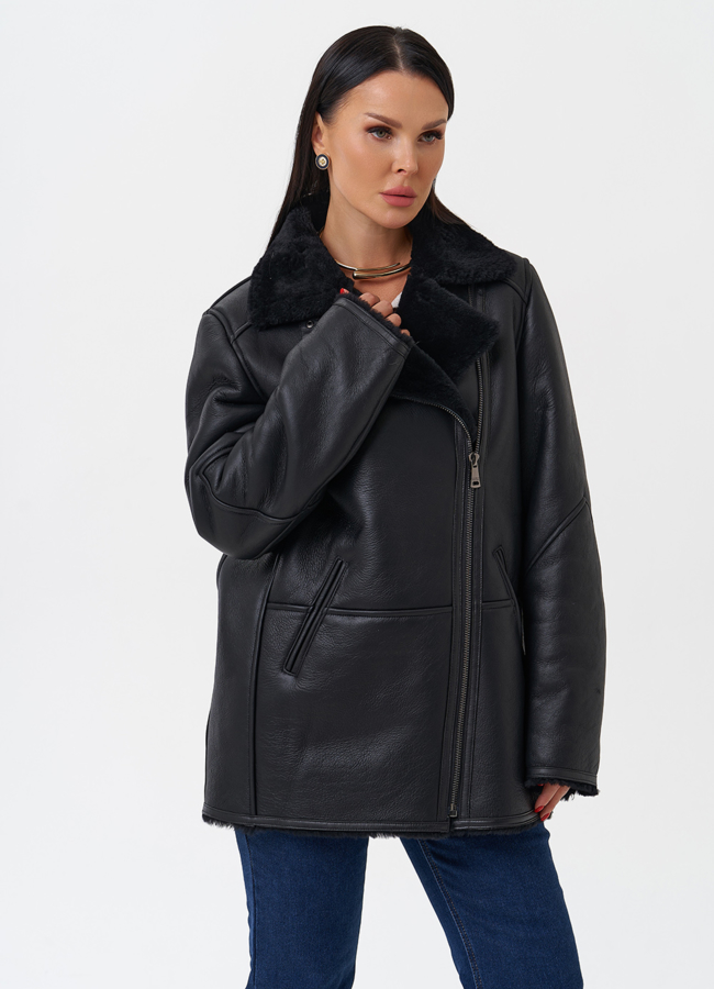 Женская дубленка черного цвета  модель № 28703 в рассрочку