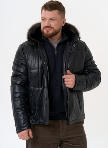 Пуховик из эко кожи с капюшоном из меха енота Пуховик из эко кожи с капюшоном из меха енота