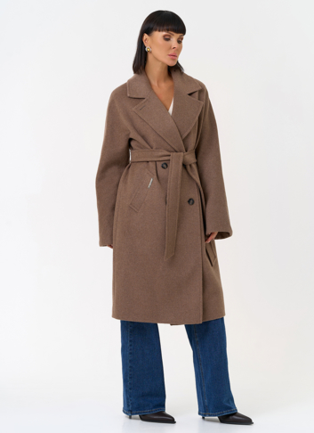 Женское двубортное пальто с поясом 
