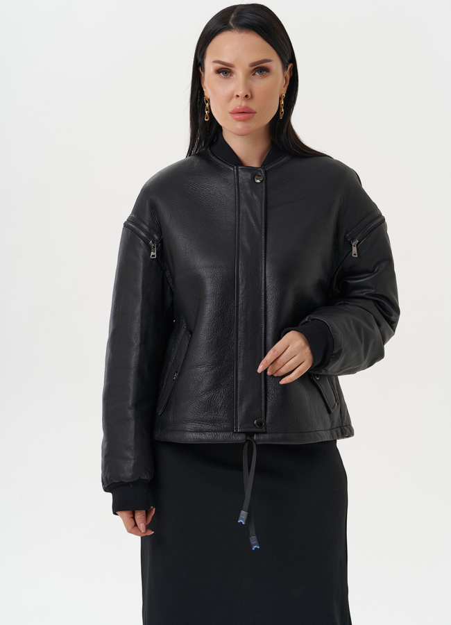 Кожаная дубленка с акцентными молниями модель № 28118 универмаг малина