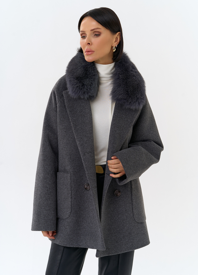 Женское утепленное пальто с отделкой из меха песца модель № 32003 универмаг малина