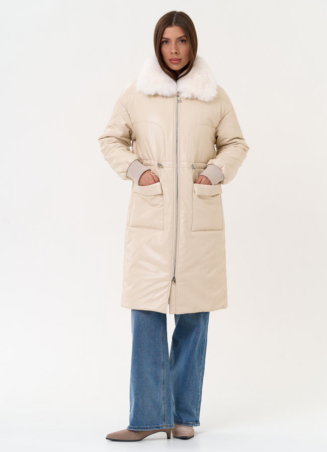 фото Женский пуховик из эко кожи с воротником из эко меха модель № 30725