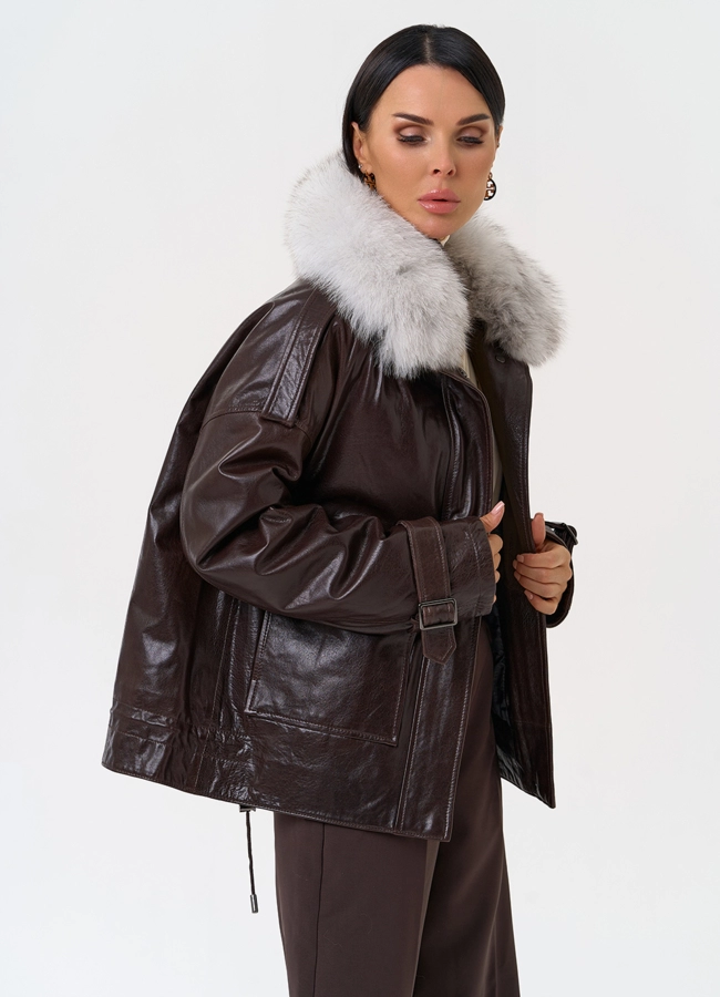 Короткий пуховик из натуральной кожи модель № 31371 универмаг малина