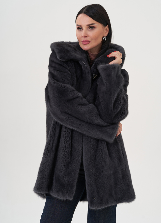 Шуба из норки в цвете графит модель № 31328 меха малина