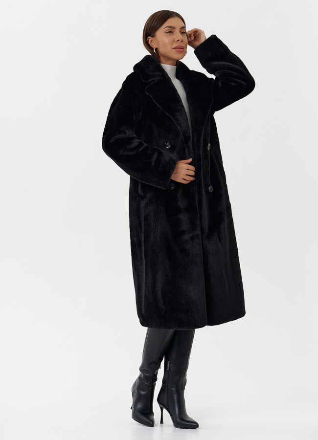 Женское пальто из экомеха с капюшоном модель № 28641 универмаг малина