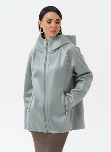 Женская дубленка из эко замши с капюшоном