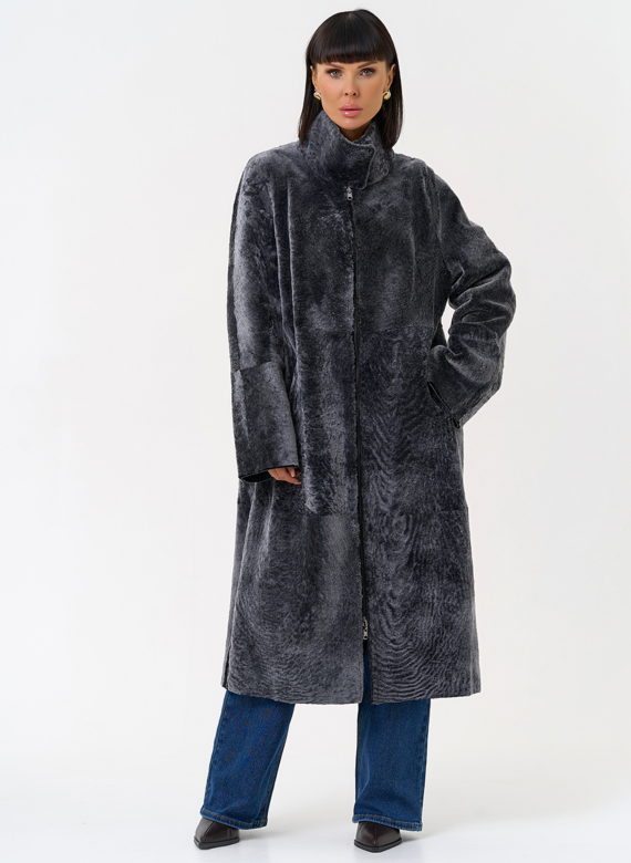 Женская двухсторонняя дубленка с воротником стойкой