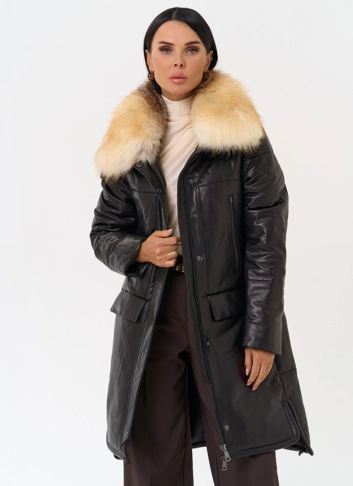 Кожаный пуховик с воротником из лисы