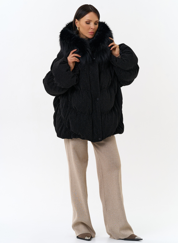 Женский блестящий пуховик с отделкой из меха чернобурки
