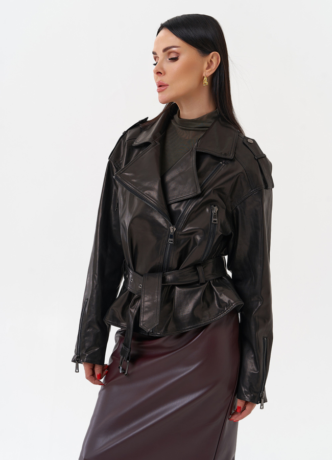 Женская кожаная куртка с поясом модель № 29916 универмаг малина