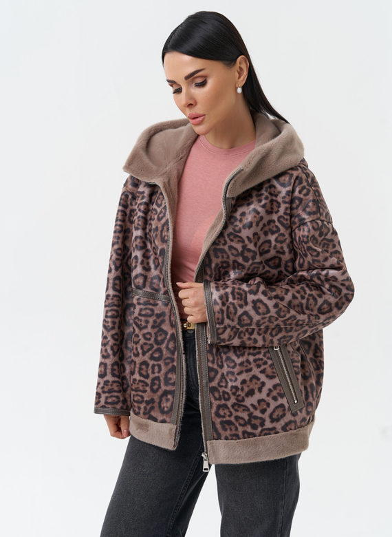 Женская дубленка из эко замши с капюшоном