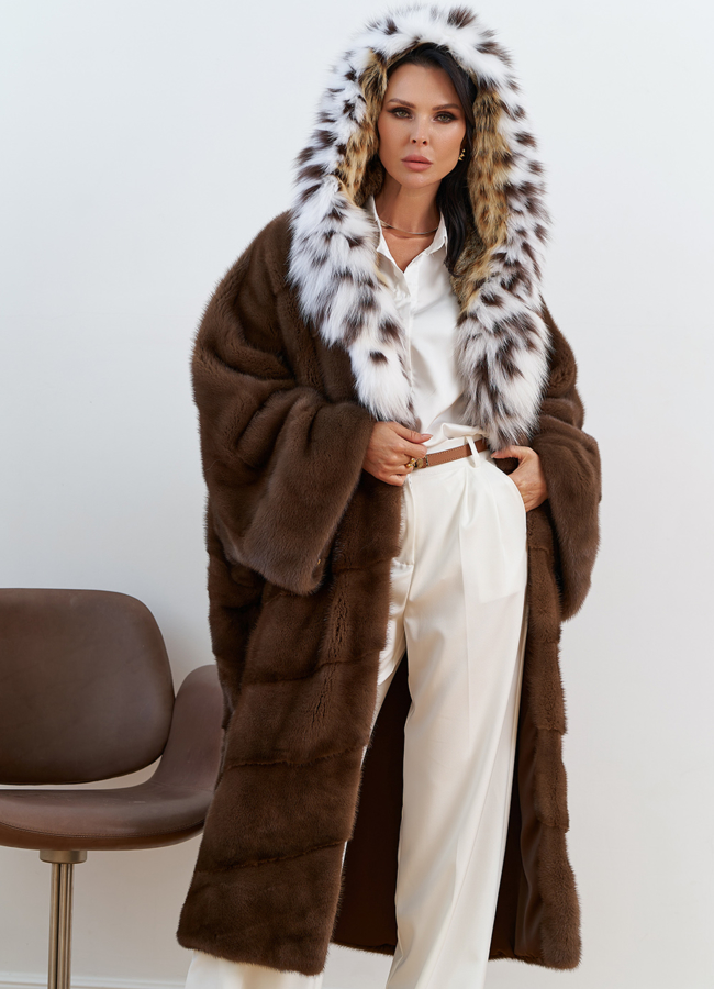 Женская шуба из меха норки с капюшоном из меха рыси модель № 30694 универмаг малина