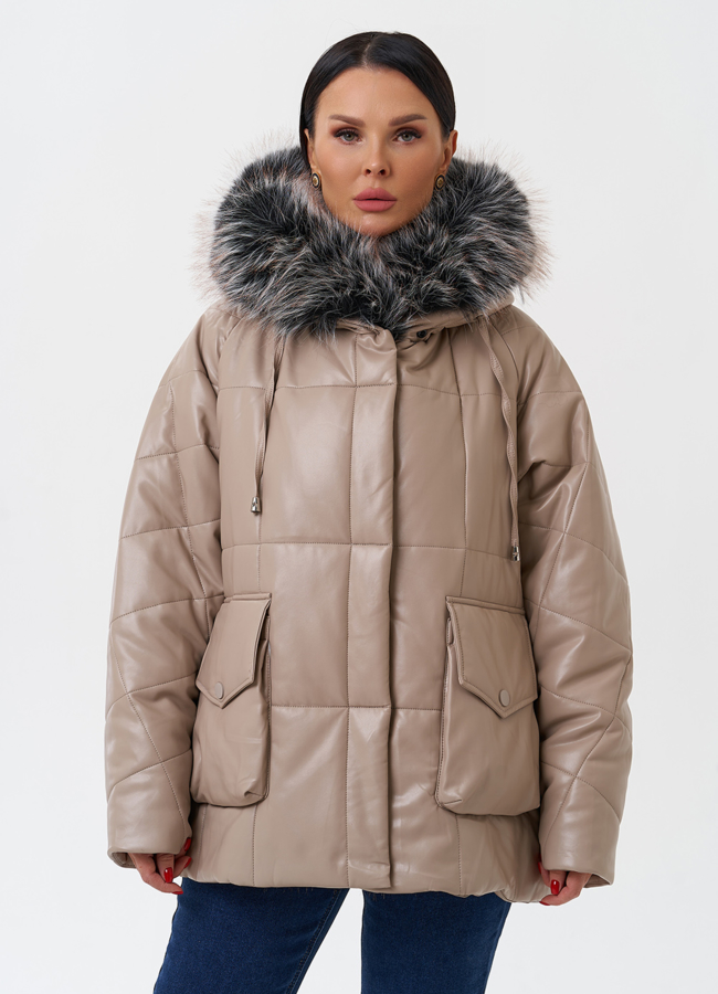 фото Пуховик из эко кожи с капюшоном из эко меха  модель № 27706