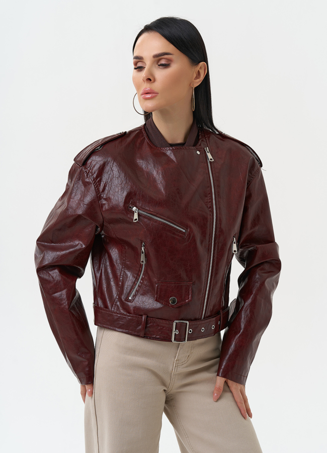 Куртка косуха из эко кожи бордового цвета модель № 30312 универмаг малина