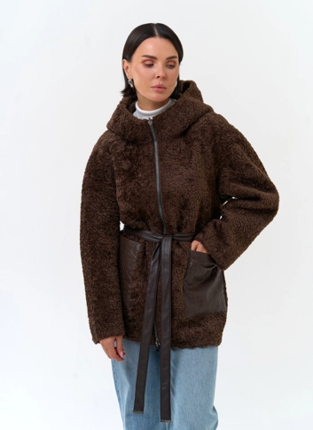 Женская дубленка из экомеха с карманами из экокожи