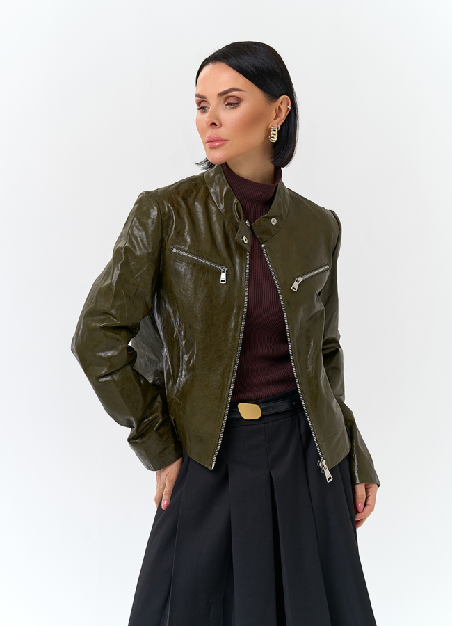 Женская куртка из натуральной кожи зеленого цвета модель № 32728 универмаг малина