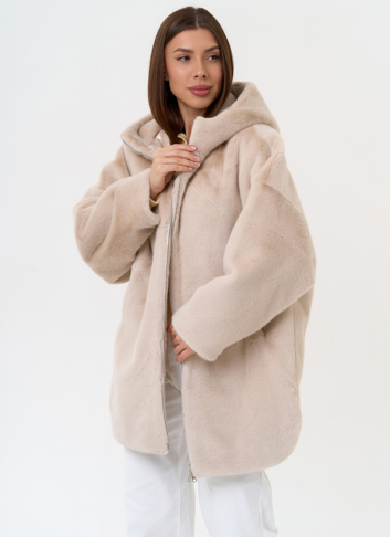 Женская шуба из экомеха с капюшоном