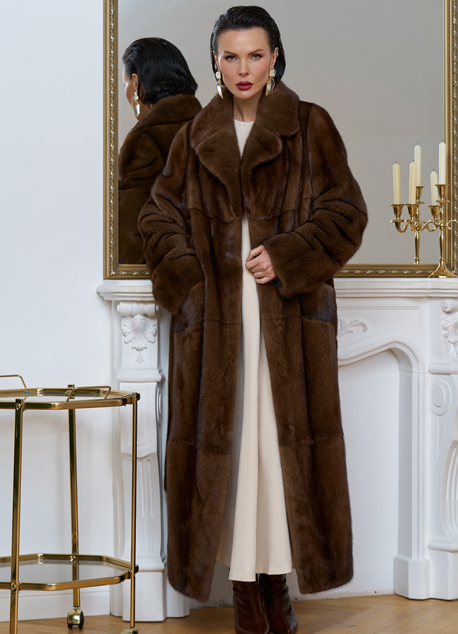 Длинная шуба из меха скандинавской норки модель № 27597 универмаг малина