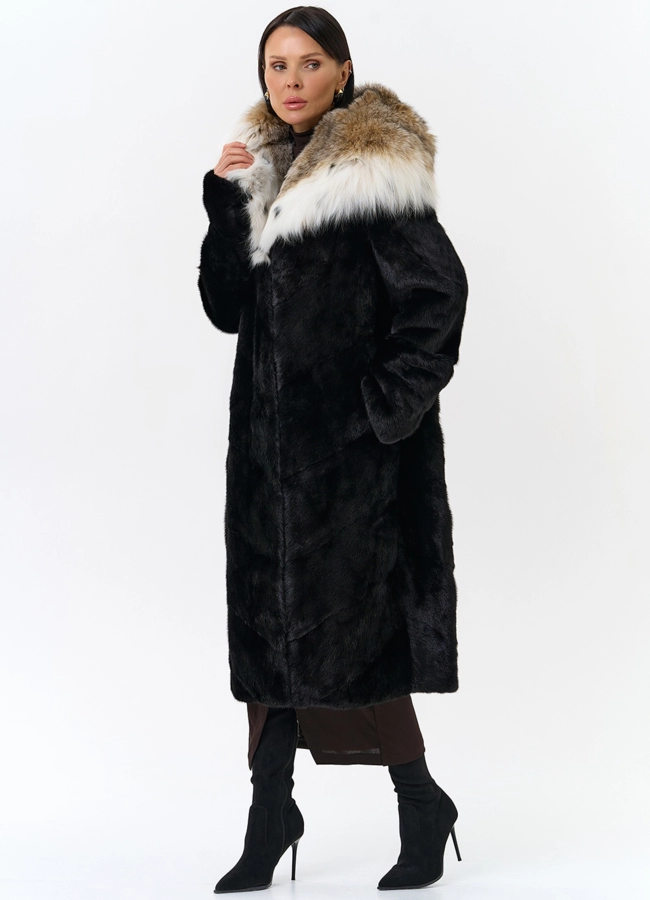 Норковая шуба черного цвета с рысью модель № 25004 универмаг малина
