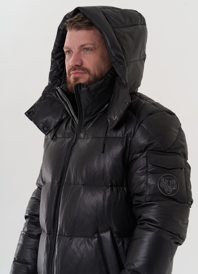 Пуховик из натуральной кожи с капюшоном модель № 25996 универмаг малина