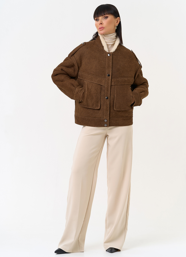 фото Женская натуральная дубленка в коричневом цвете модель № 31775