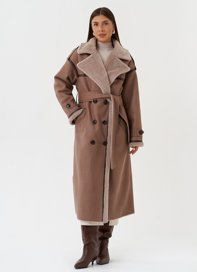 Женская дубленка из эко кожи с английским воротником модель № 28528 меха малина