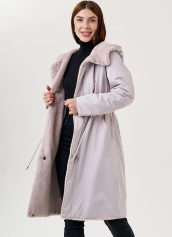 Двухстороннее пальто из эко меха с капюшоном