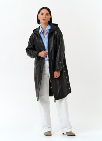Женский плащ из натуральной кожи с капюшоном