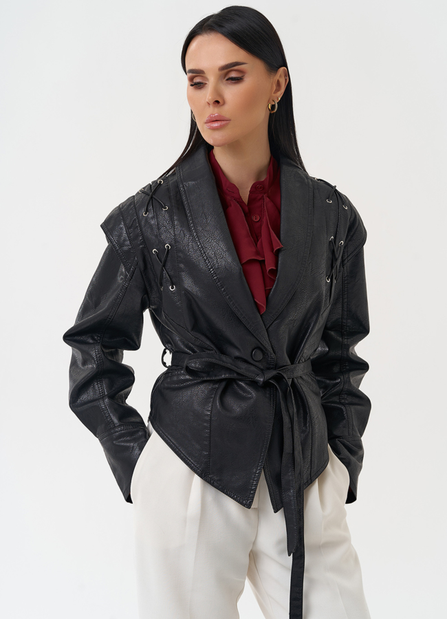 Куртка женская из эко кожи в стиле ретро модель № 30450 меха малина