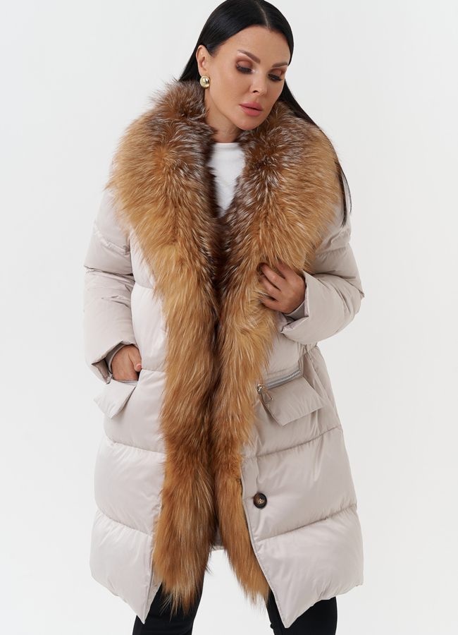 Женский пуховик с отделкой из меха лисы модель № 28569 универмаг малина