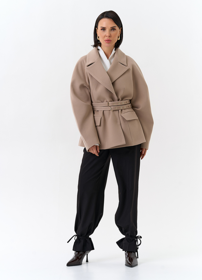 Женское укороченное пальто с двойным поясом модель № 32503 универмаг малина