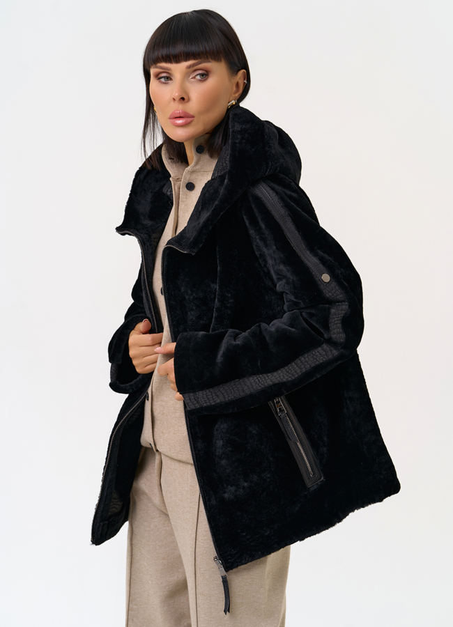 Женская двухсторонняя дубленка с капюшоном модель № 31482 универмаг малина