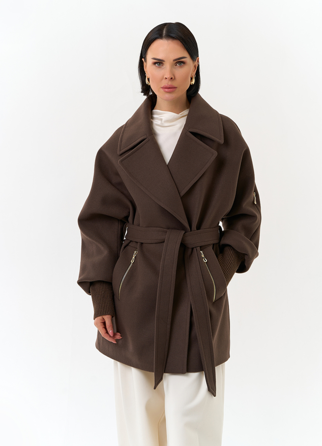 Женское укороченное пальто с декоративными молниями модель № 32804 универмаг малина