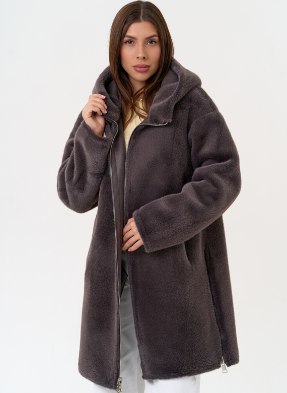 Женская двухсторонняя дубленка из эко замши с капюшоном