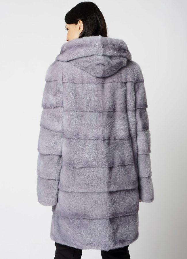 фото Шуба из норки с капюшоном и кулиской голубого цвета модель № 29121