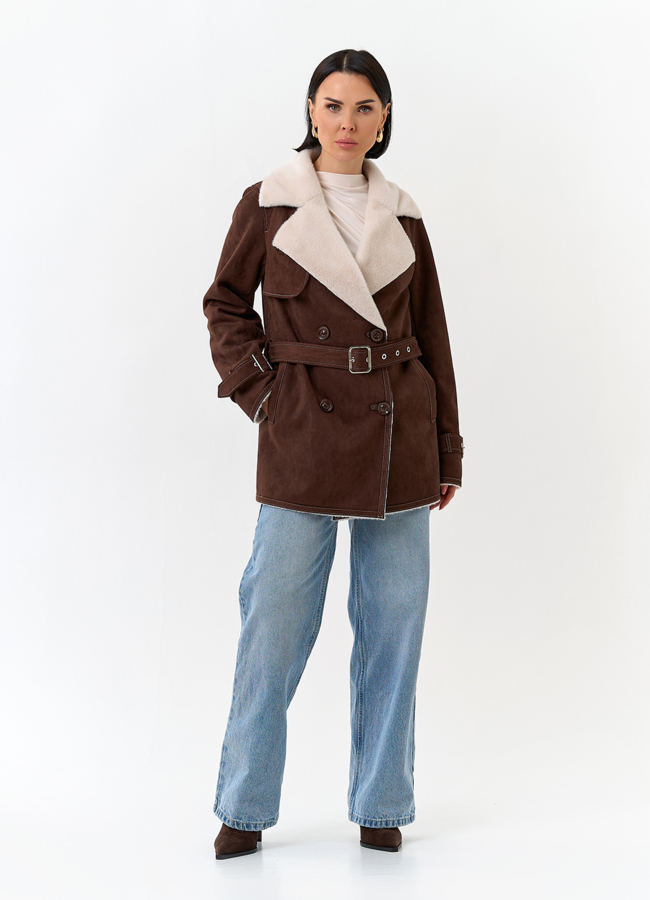 Женская дубленка из эко замши с английским воротником модель № 32786 в кредит