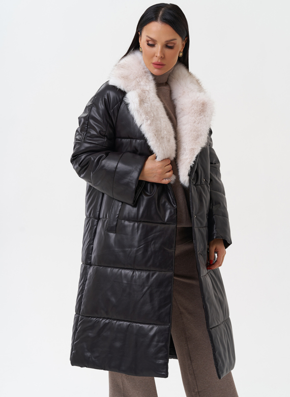 Пуховик из эко кожи с английским воротником
