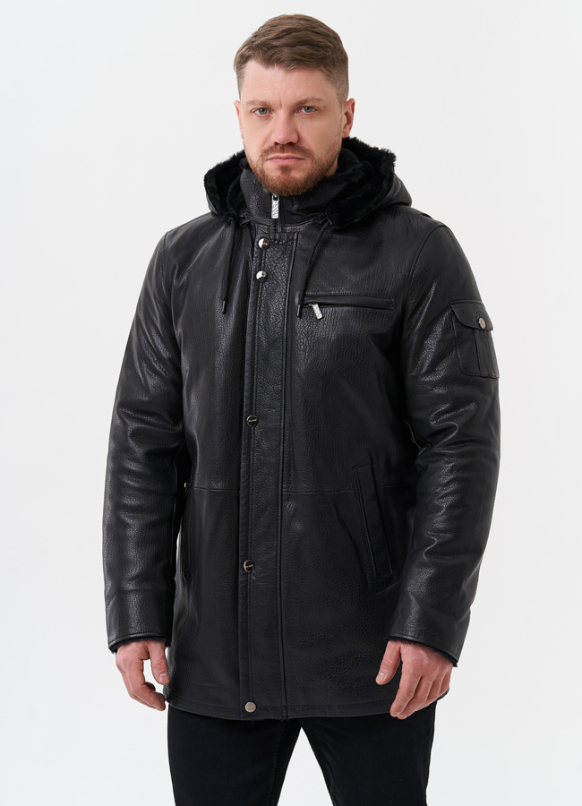 Мужская дубленка черного цвета  модель № 29050 меха малина